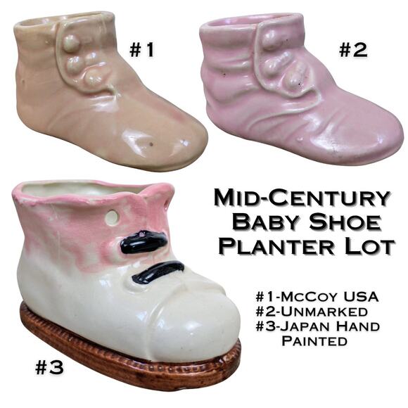 Mid-Century MCM Baby Shoe Planter Lot of 3 Ceramic McCoy Japan Girl Pink - Picture 1 of 16